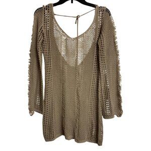 Womens Boho Crochet Sheer Knit Cover-Up‎ Top Tan